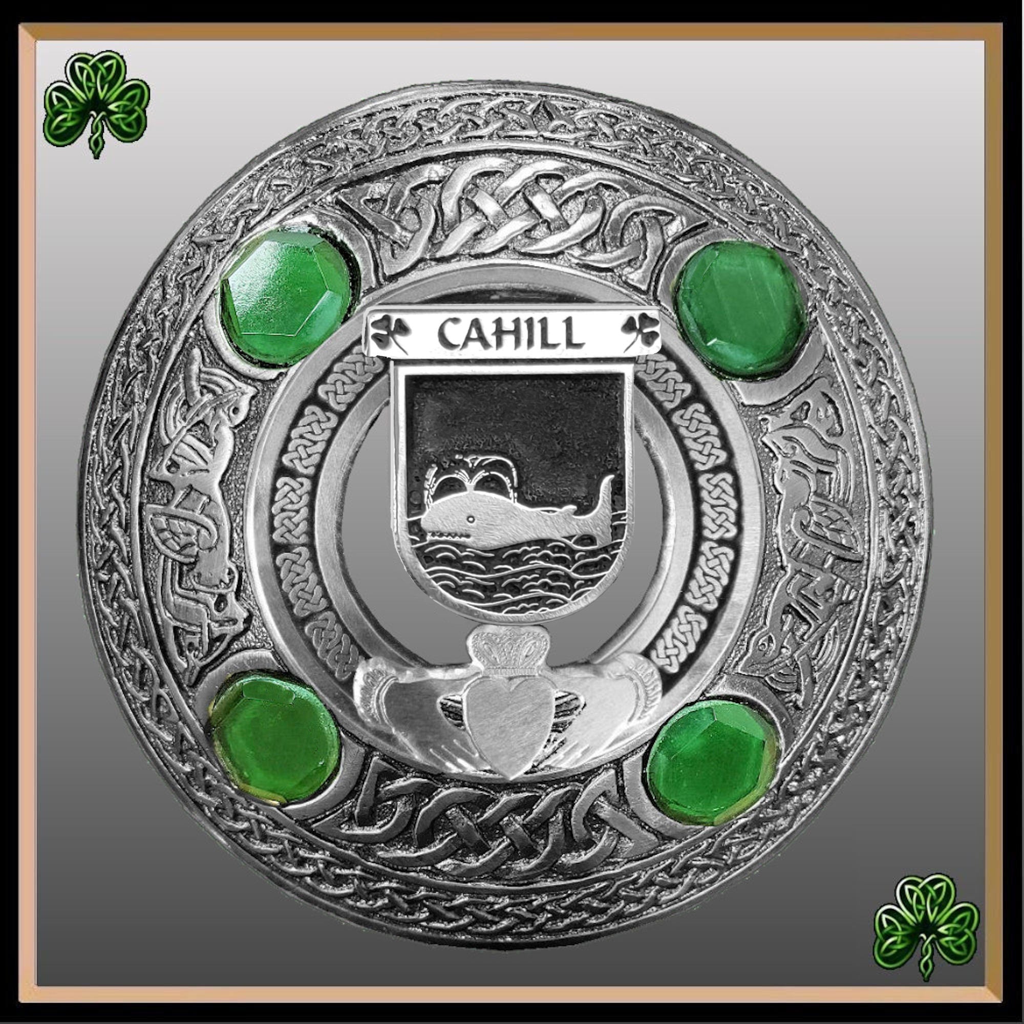 Cahill Irish Claddagh Coat of Arms Plaid brooch ~ Emerald stones