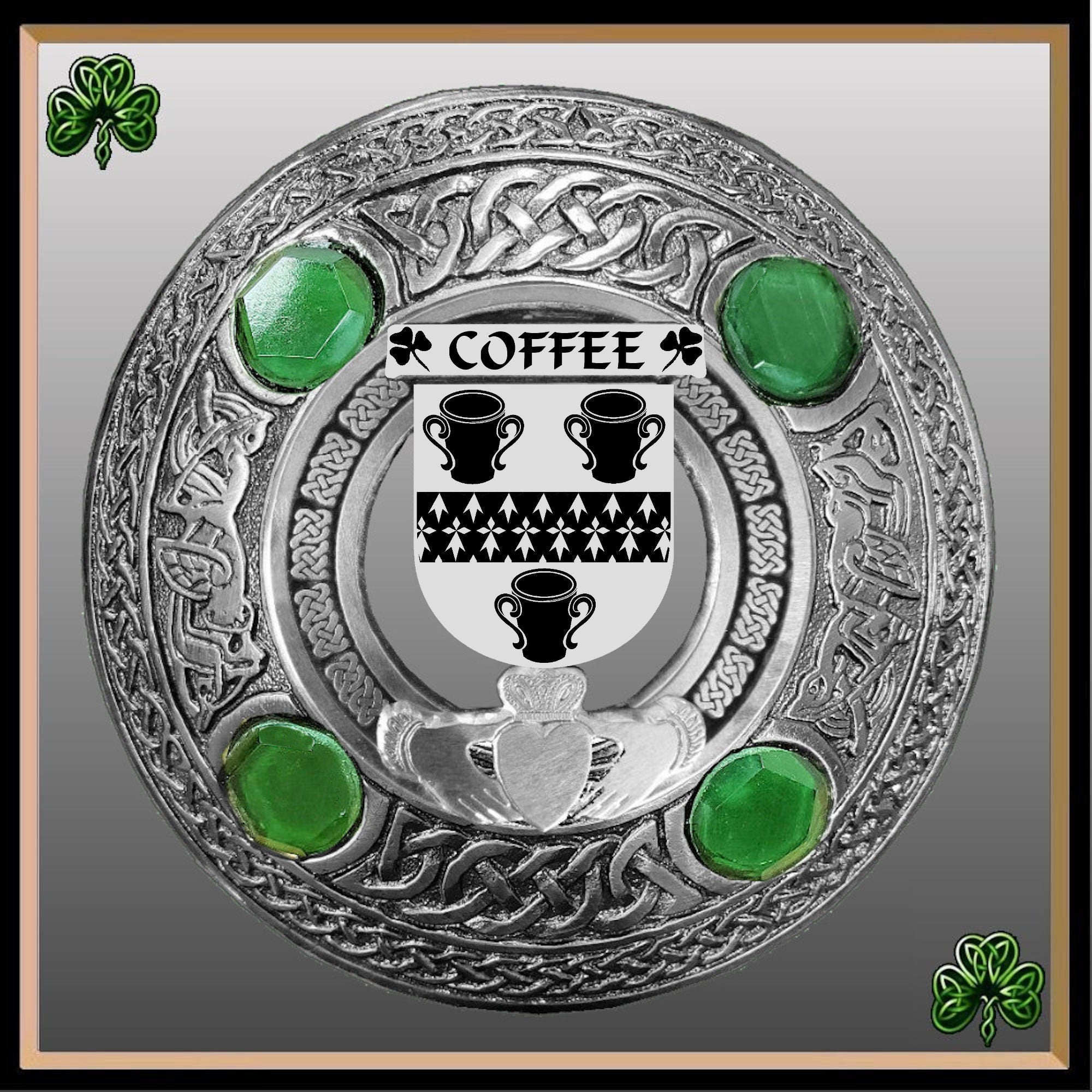 Coffee Irish Claddagh Coat of Arms Plaid brooch ~ Emerald stones