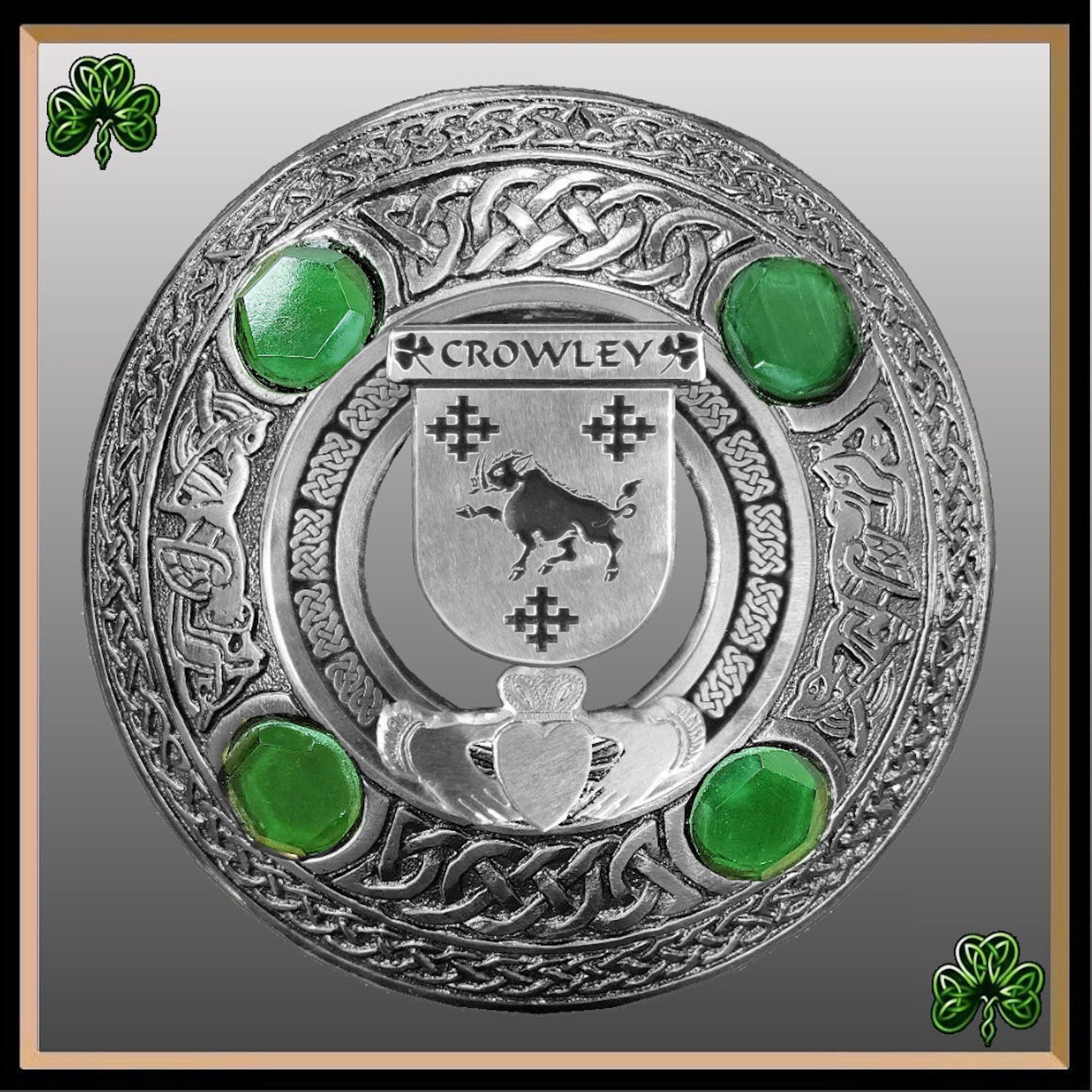 Crowley Irish Claddagh Coat of Arms Plaid brooch ~ Emerald stones