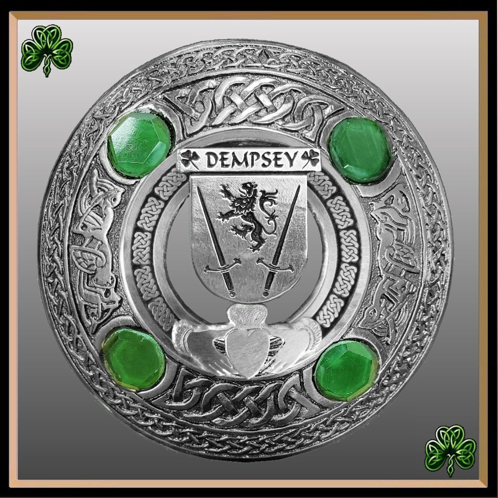 Dempsey Irish Claddagh Coat of Arms Plaid brooch ~ Emerald stones