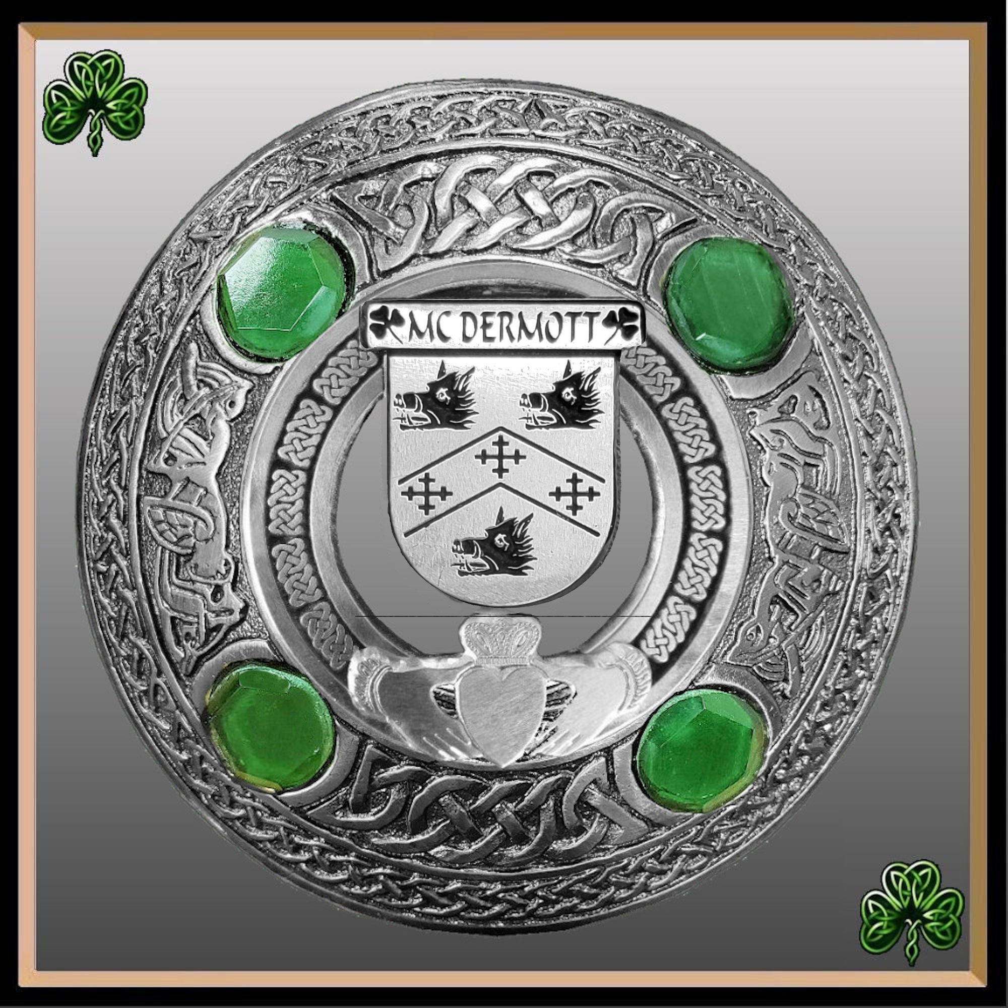 McDermott Irish Claddagh Coat of Arms Plaid brooch ~ Emerald stones