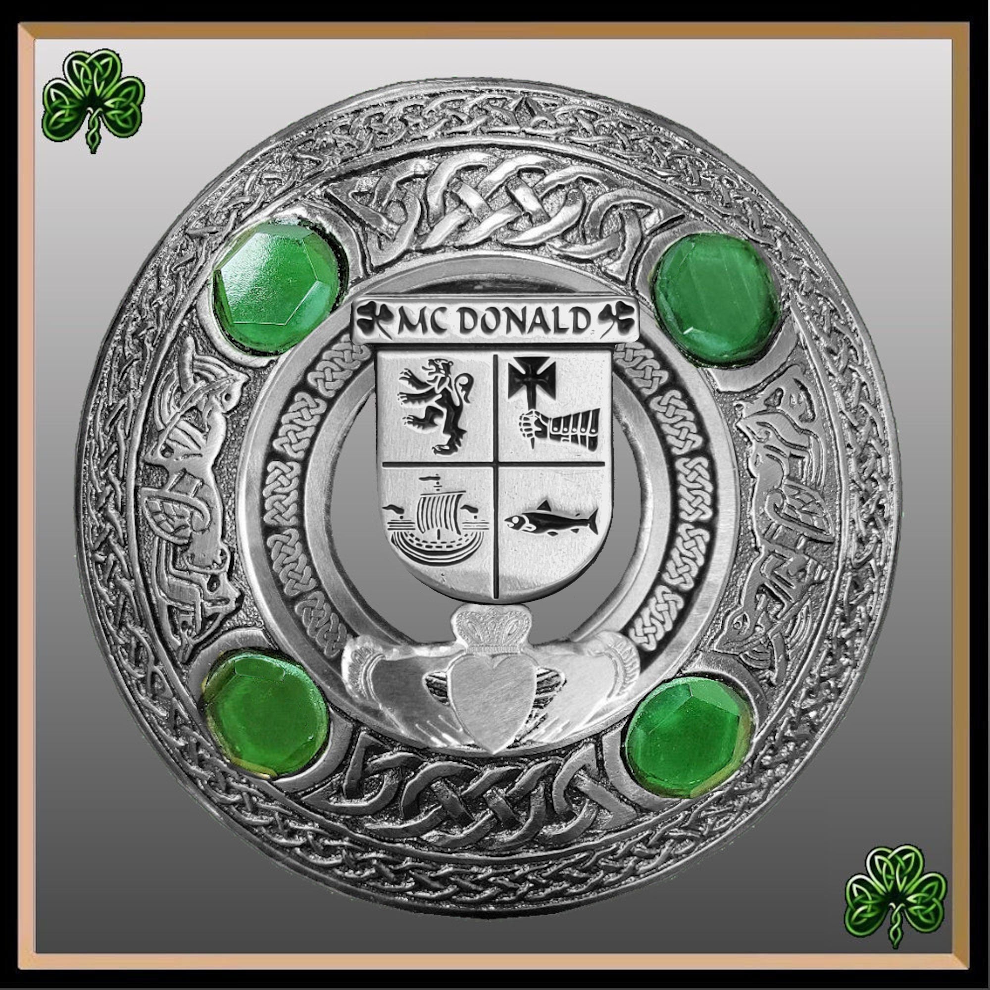 McDonald Irish Claddagh Coat of Arms Plaid brooch ~ Emerald stones
