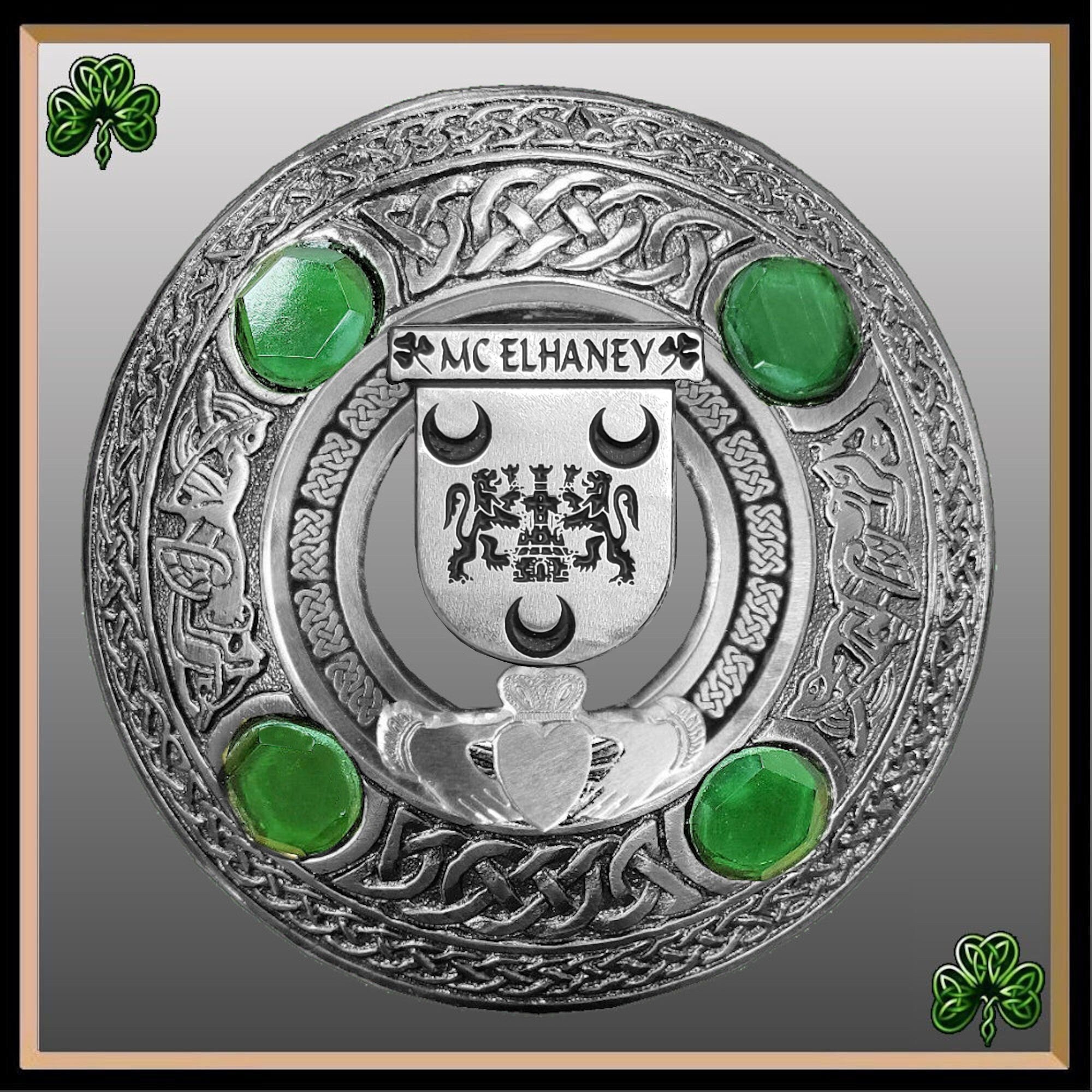McElhaney Irish Claddagh Coat of Arms Plaid brooch ~ Emerald stones