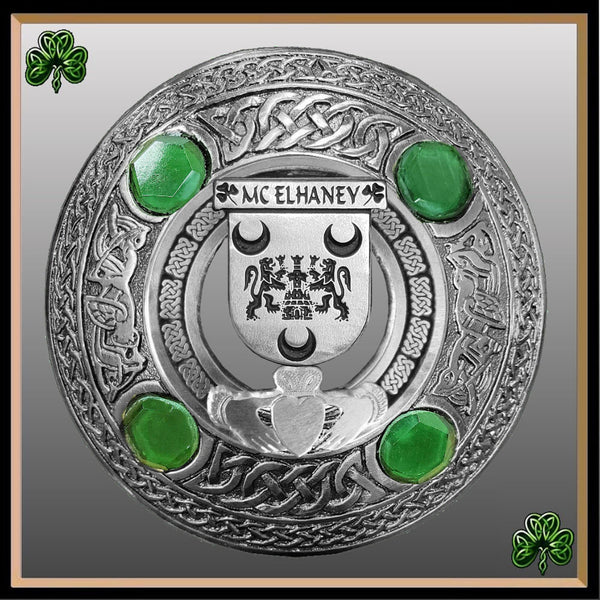 McElhaney Irish Claddagh Coat of Arms Plaid brooch ~ Emerald stones