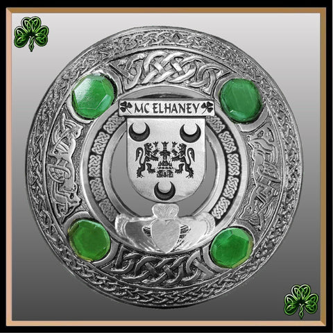 McElhaney Irish Claddagh Coat of Arms Plaid brooch ~ Emerald stones