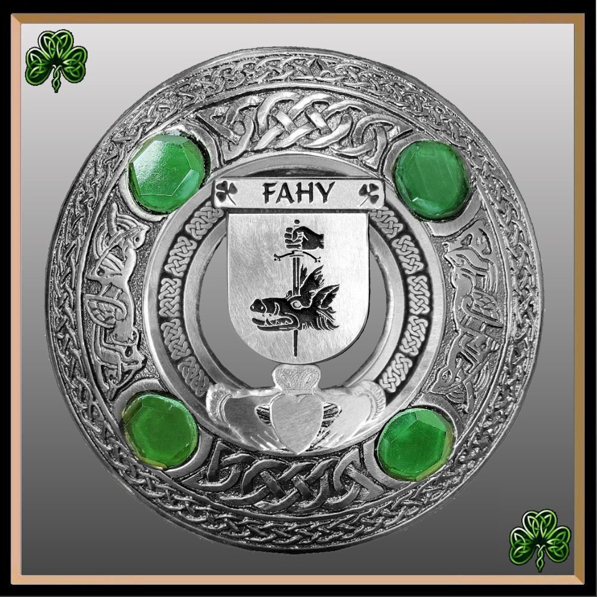 Fahy Irish Claddagh Coat of Arms Plaid brooch ~ Emerald stones