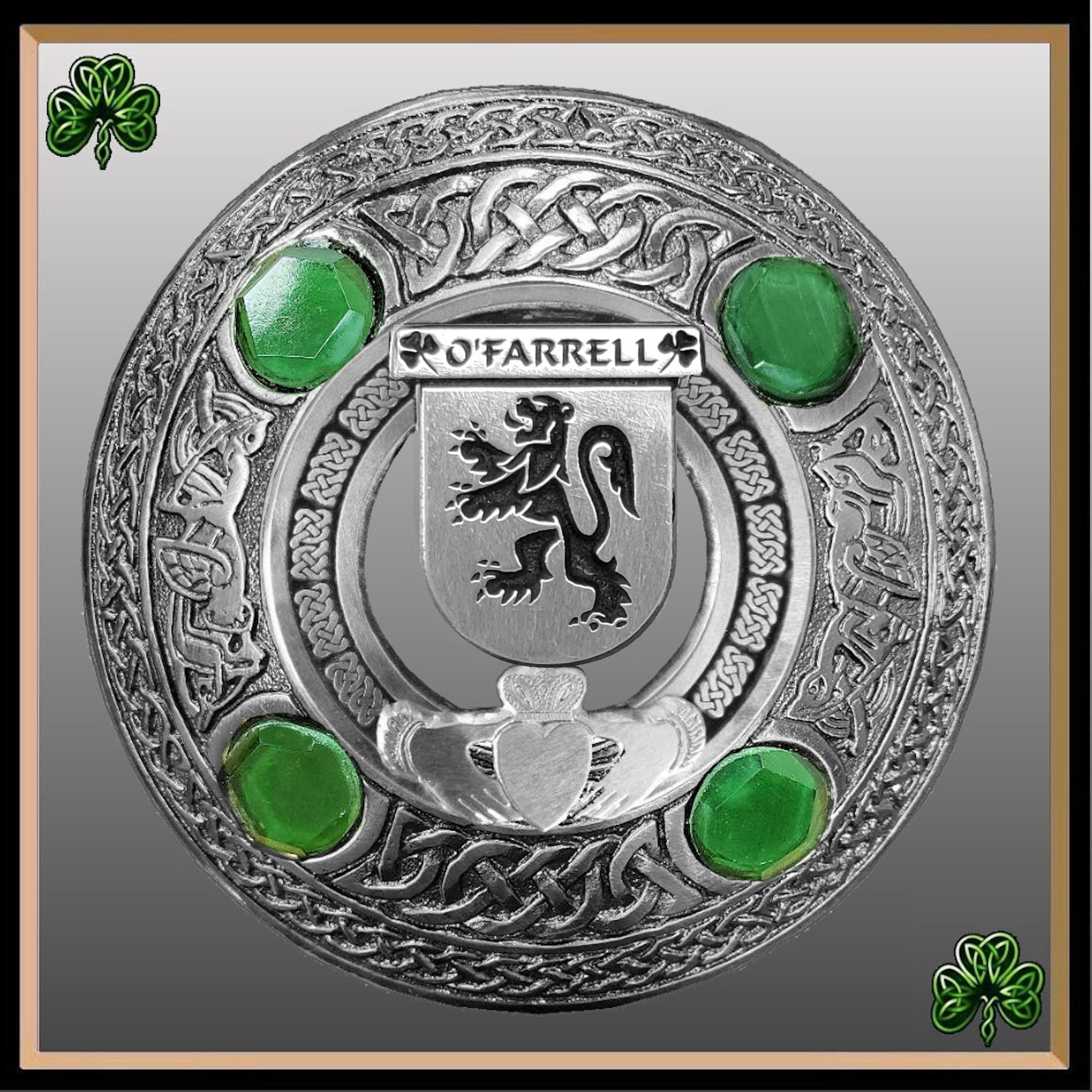 O'Farrell Irish Claddagh Coat of Arms Plaid brooch ~ Emerald stones