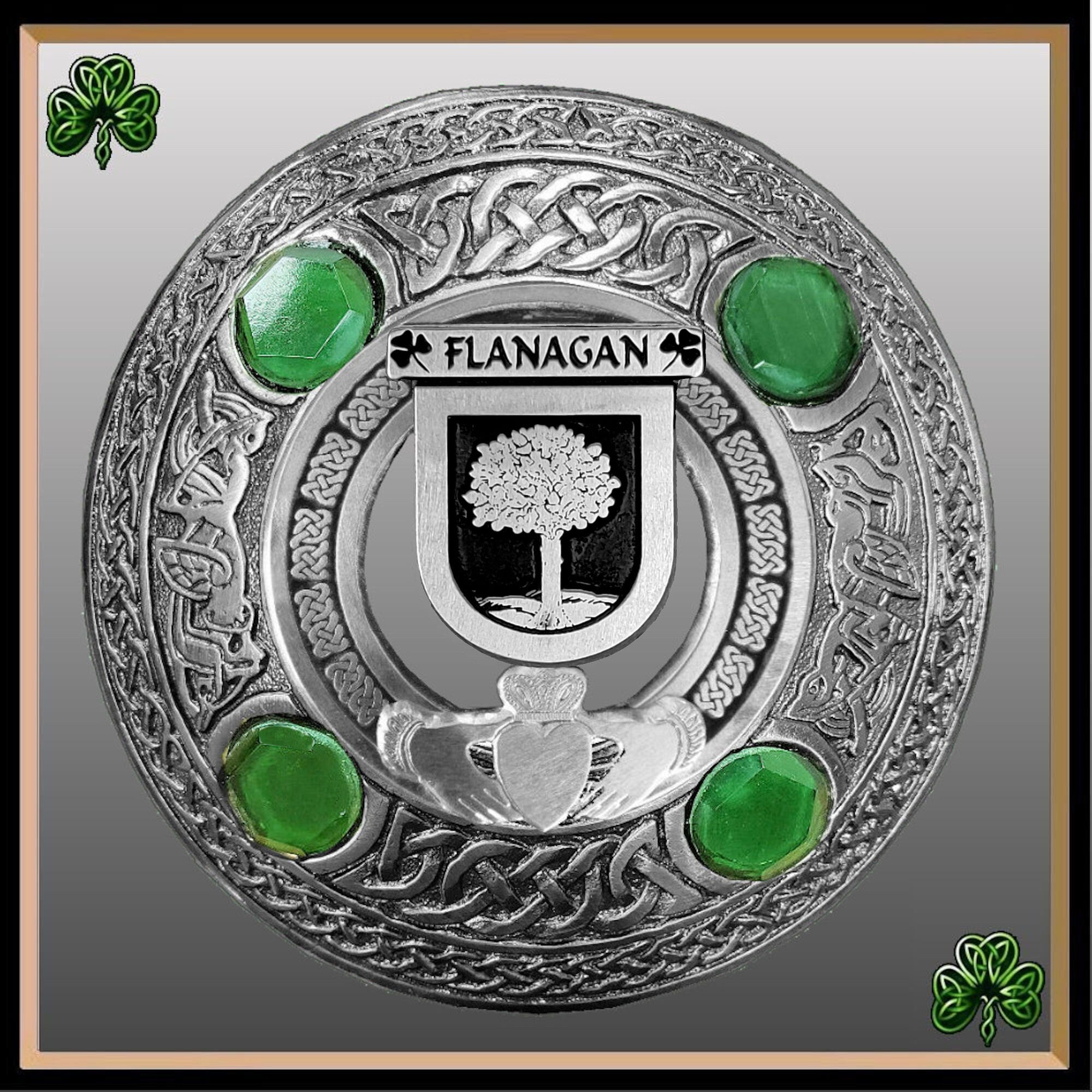 Flanagan Irish Claddagh Coat of Arms Plaid brooch ~ Emerald stones