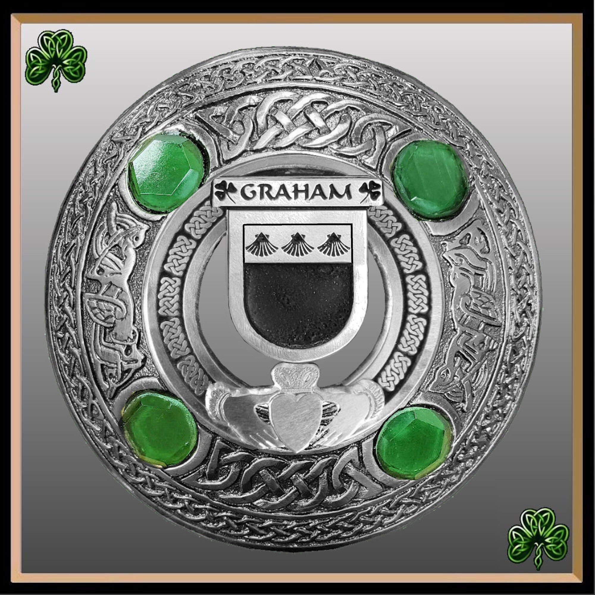 Graham Irish Claddagh Coat of Arms Plaid brooch ~ Emerald stones