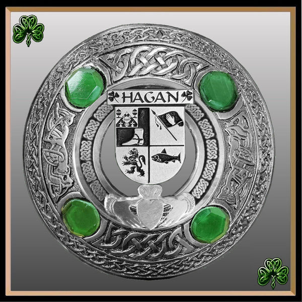 Hagan Irish Claddagh Coat of Arms Plaid brooch ~ Emerald stones