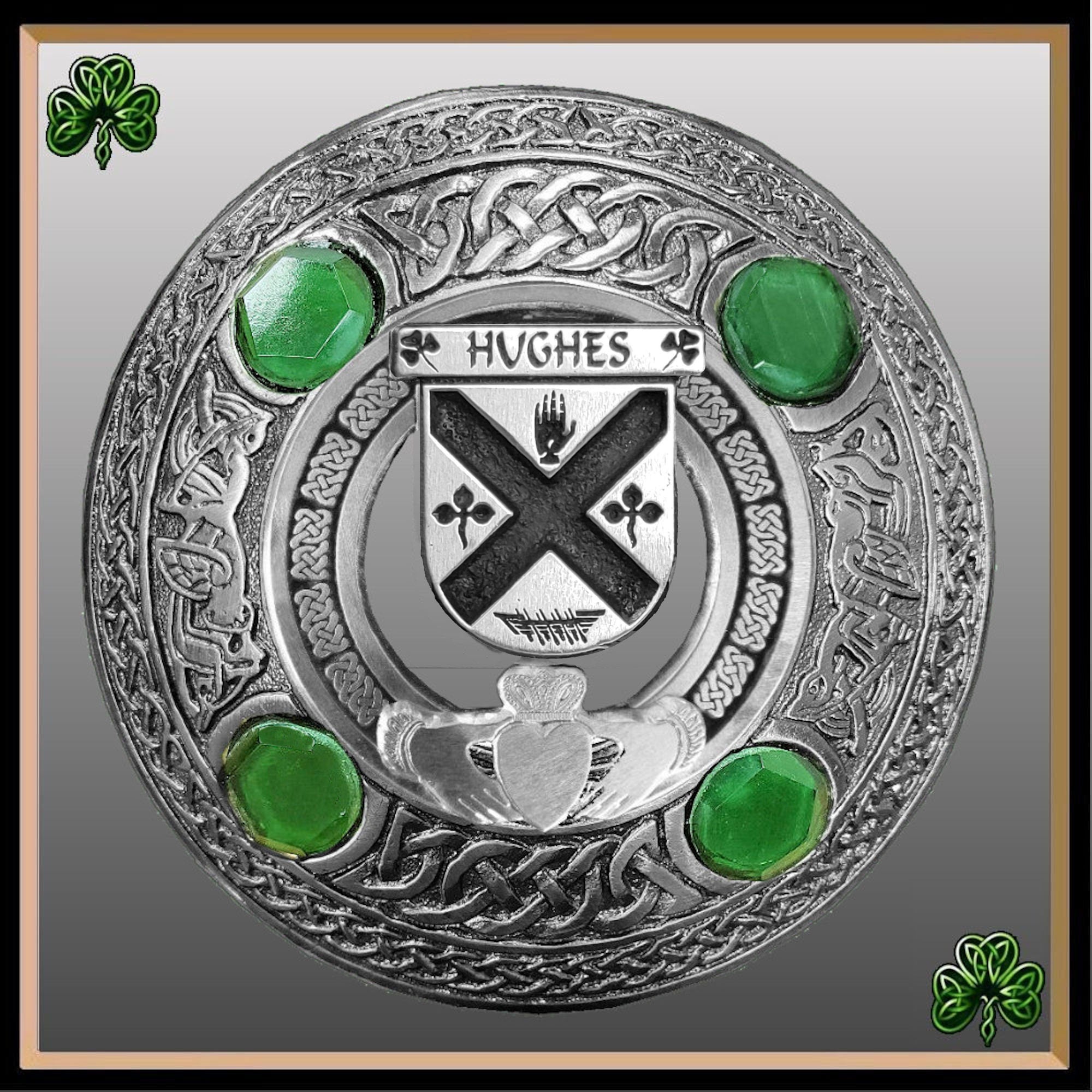 Hughes Irish Claddagh Coat of Arms Plaid brooch ~ Emerald stones