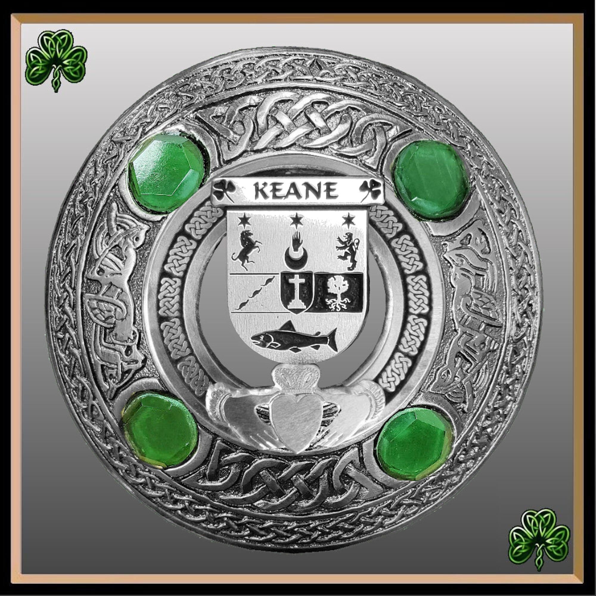 Keane Irish Claddagh Coat of Arms Plaid brooch ~ Emerald stones