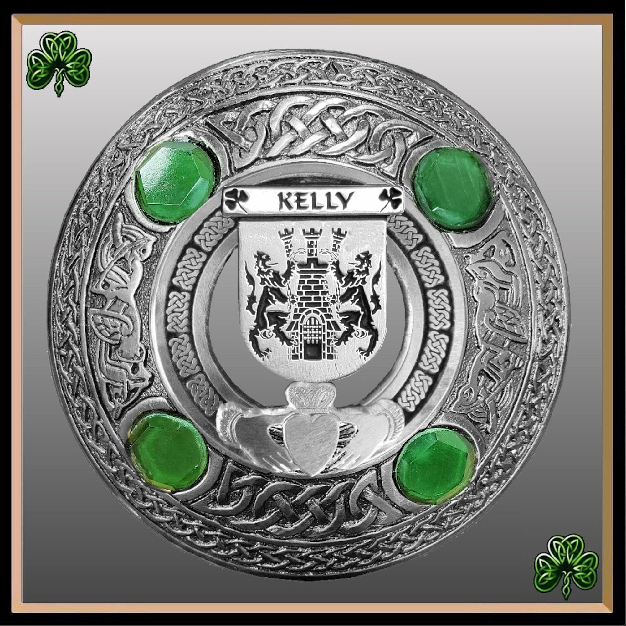 Kelly Irish Claddagh Coat of Arms Plaid brooch ~ Emerald stones