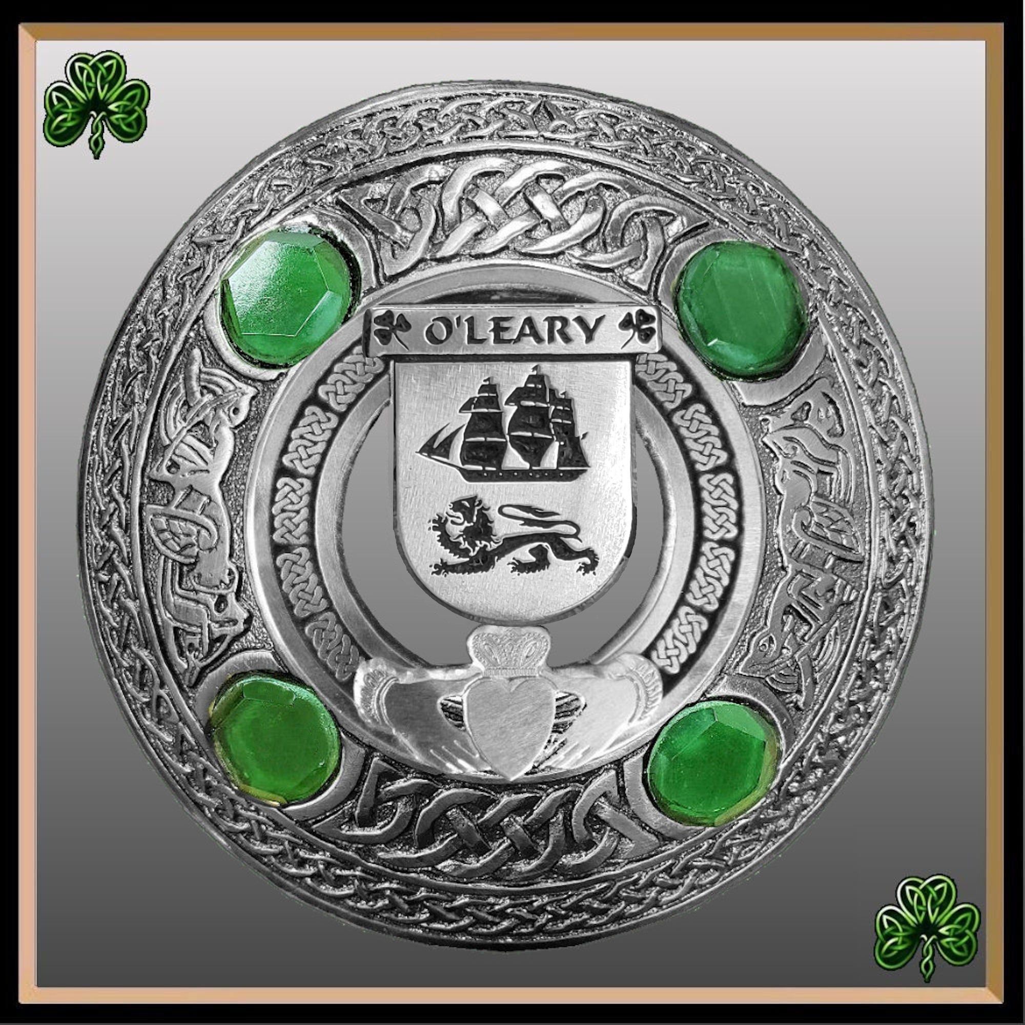 O'Leary Irish Claddagh Coat of Arms Plaid brooch ~ Emerald stones