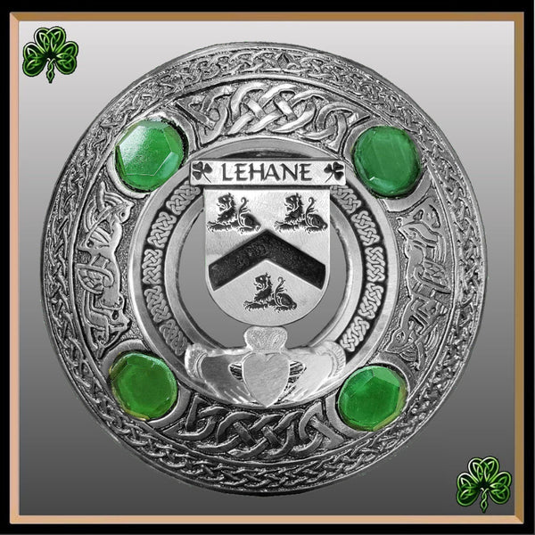 Lehane Irish Claddagh Coat of Arms Plaid brooch ~ Emerald stones
