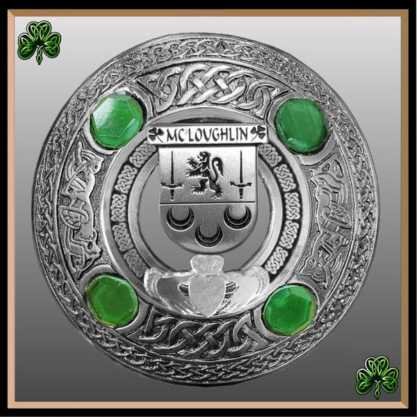 McMcLoughlin Irish Claddagh Coat of Arms Plaid brooch ~ Emerald stones