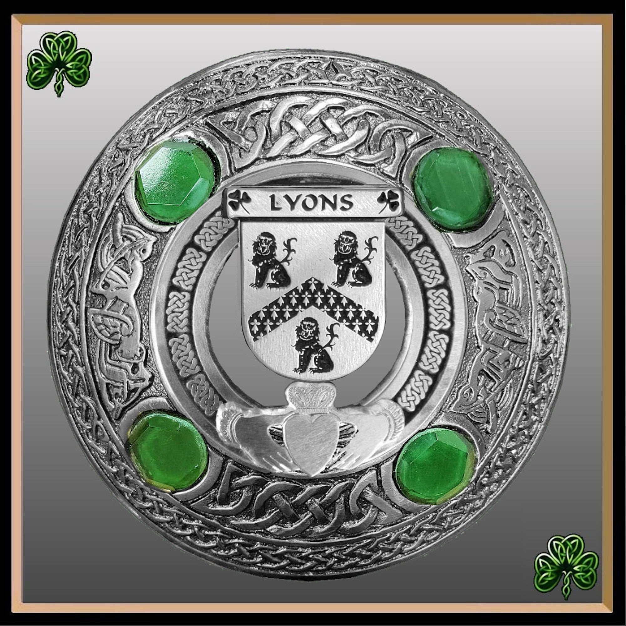 Lyons Irish Claddagh Coat of Arms Plaid brooch ~ Emerald stones