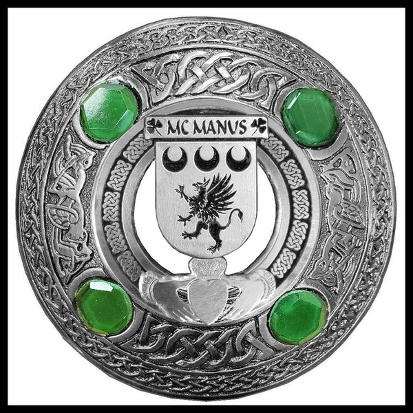 McManus Irish Claddagh Coat of Arms Plaid brooch ~ Emerald stones