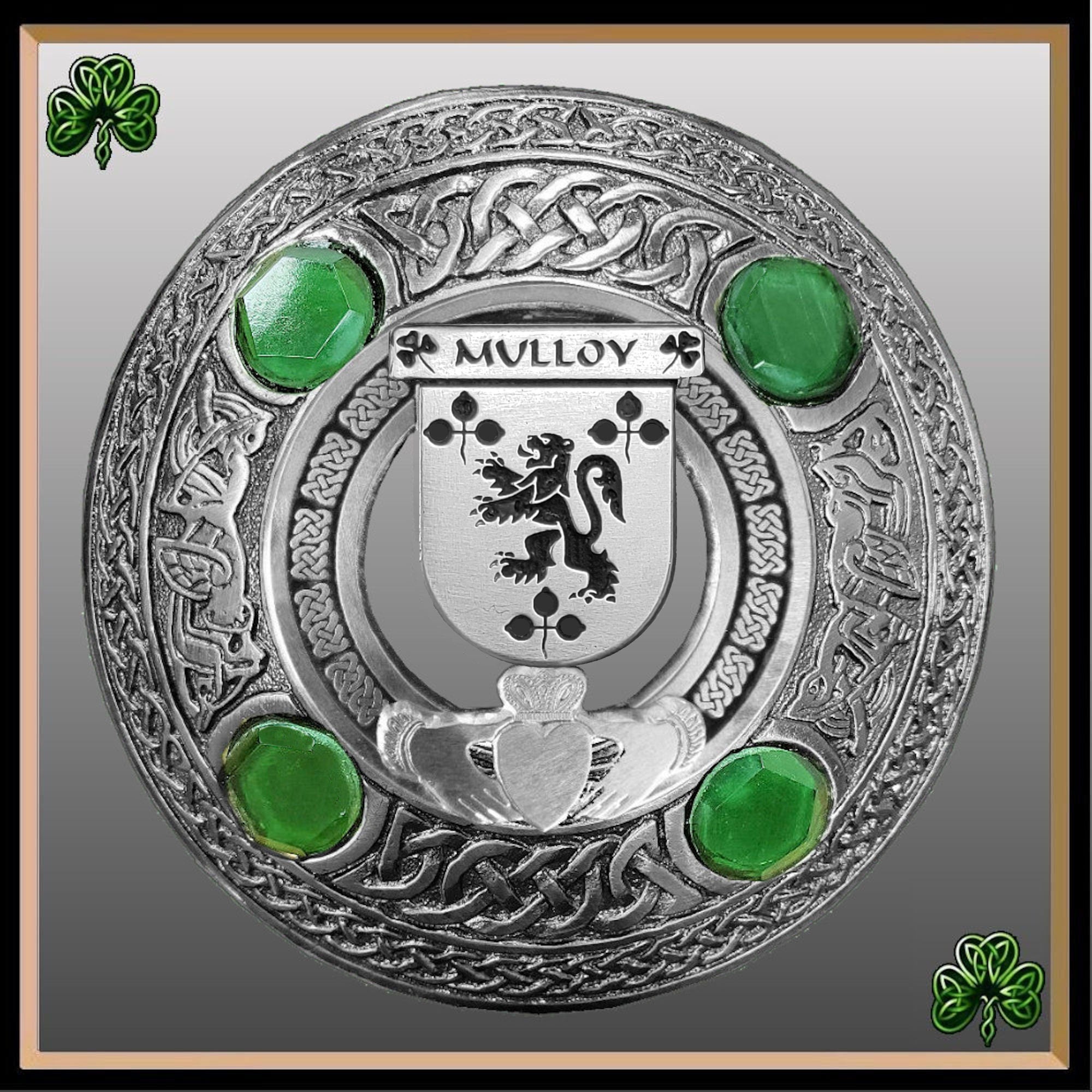 Mulloy Irish Claddagh Coat of Arms Plaid brooch ~ Emerald stones