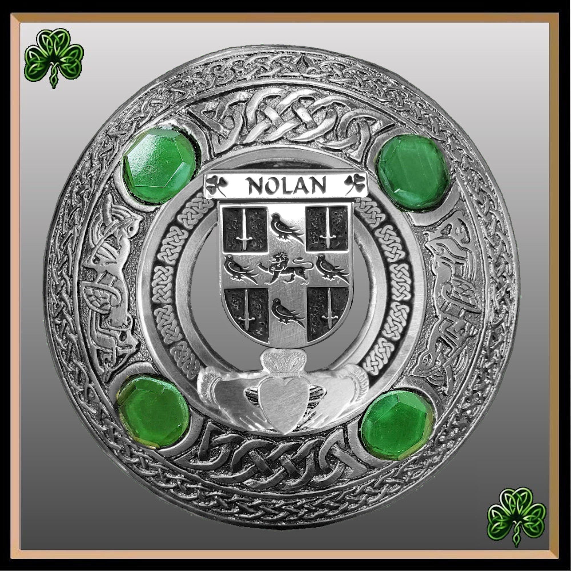 Nolan Irish Claddagh Coat of Arms Plaid brooch ~ Emerald stones