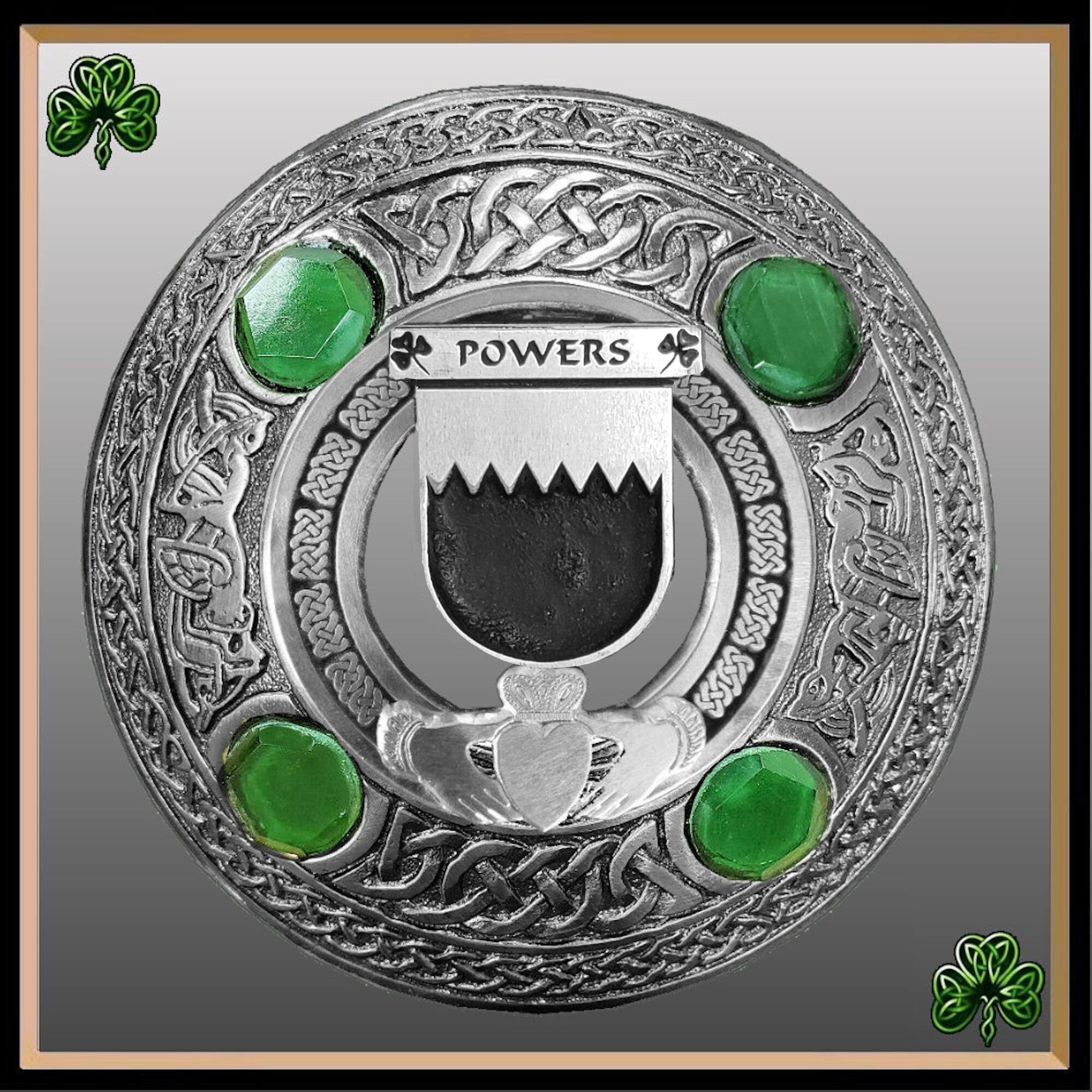 Powers Irish Claddagh Coat of Arms Plaid brooch ~ Emerald stones