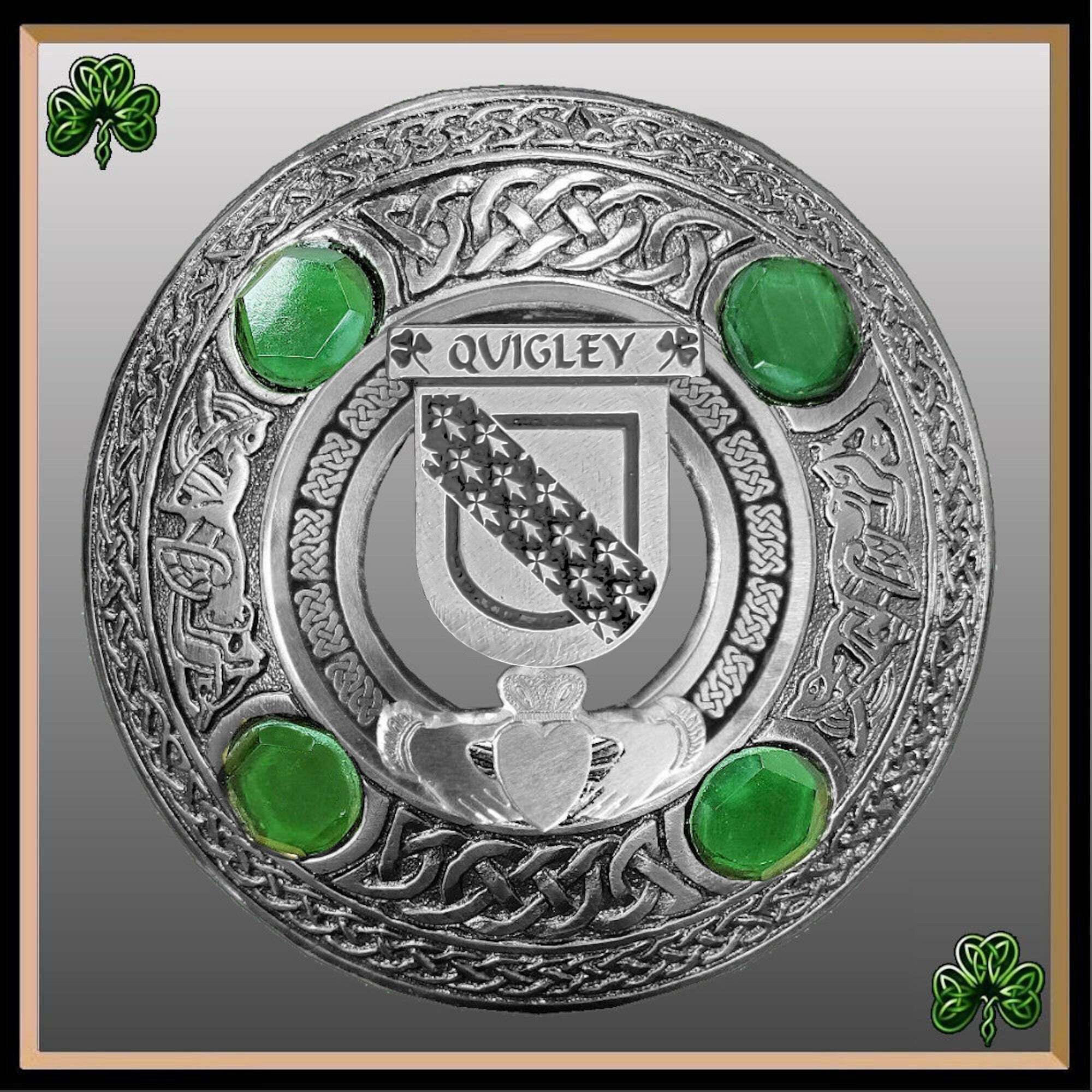 Quigley Irish Claddagh Coat of Arms Plaid brooch ~ Emerald stones