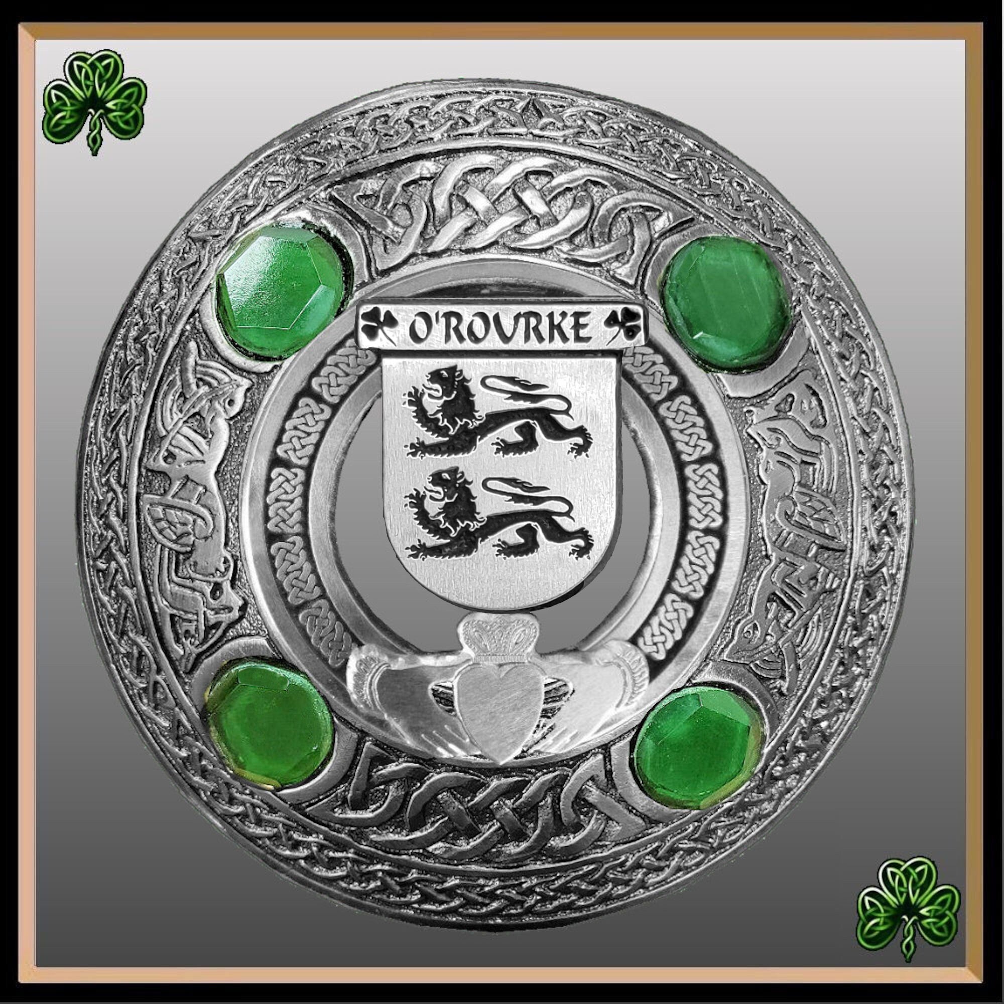 O'Rourke Irish Claddagh Coat of Arms Plaid brooch ~ Emerald stones