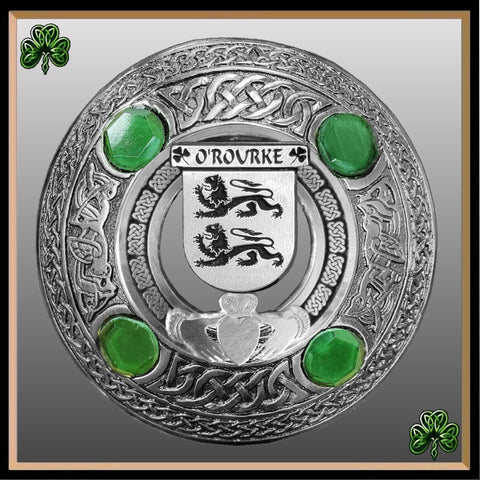 O'Rourke Irish Claddagh Coat of Arms Plaid brooch ~ Emerald stones