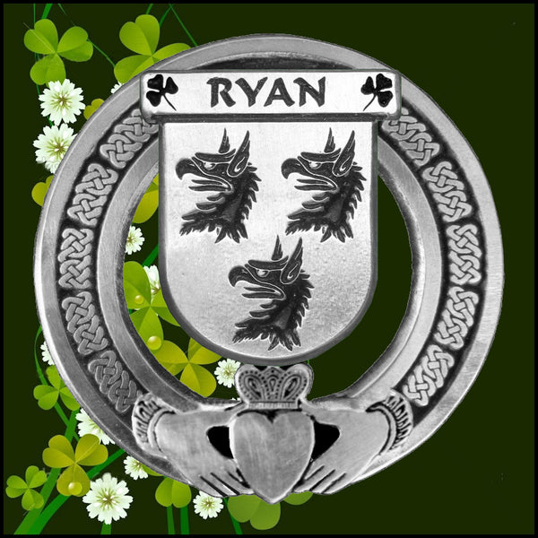 Ryan Irish Claddagh Coat of Arms Plaid brooch ~ Emerald stones