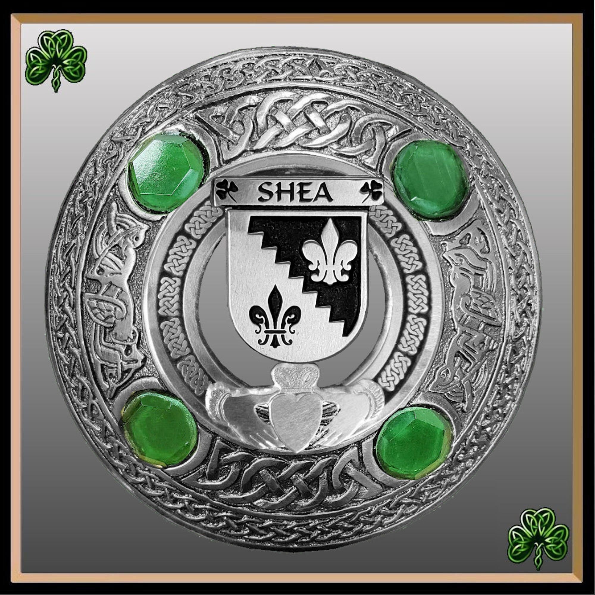 Shea Irish Claddagh Coat of Arms Plaid brooch ~ Emerald stones