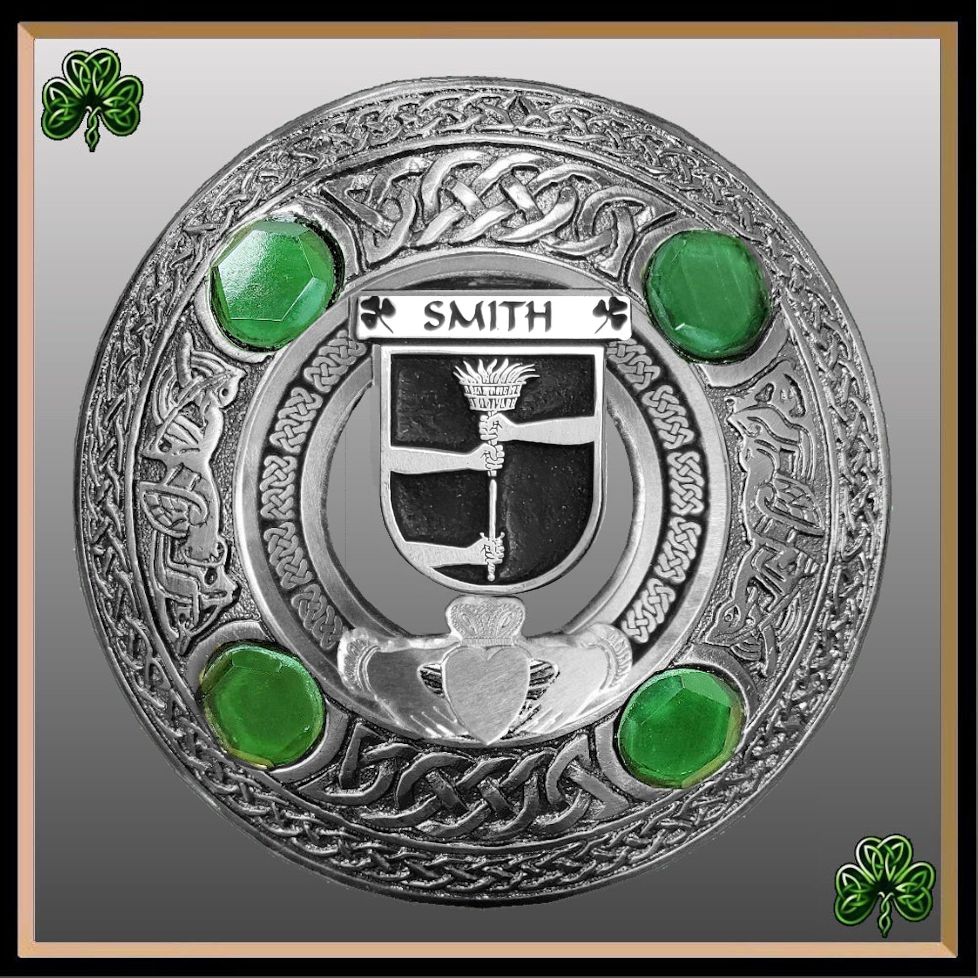 Smith Irish Claddagh Coat of Arms Plaid brooch ~ Emerald stones