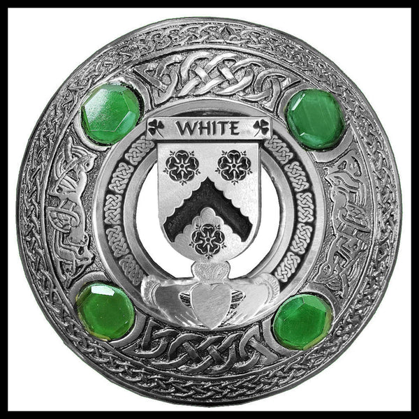 White Irish Claddagh Coat of Arms Plaid brooch ~ Emerald stones