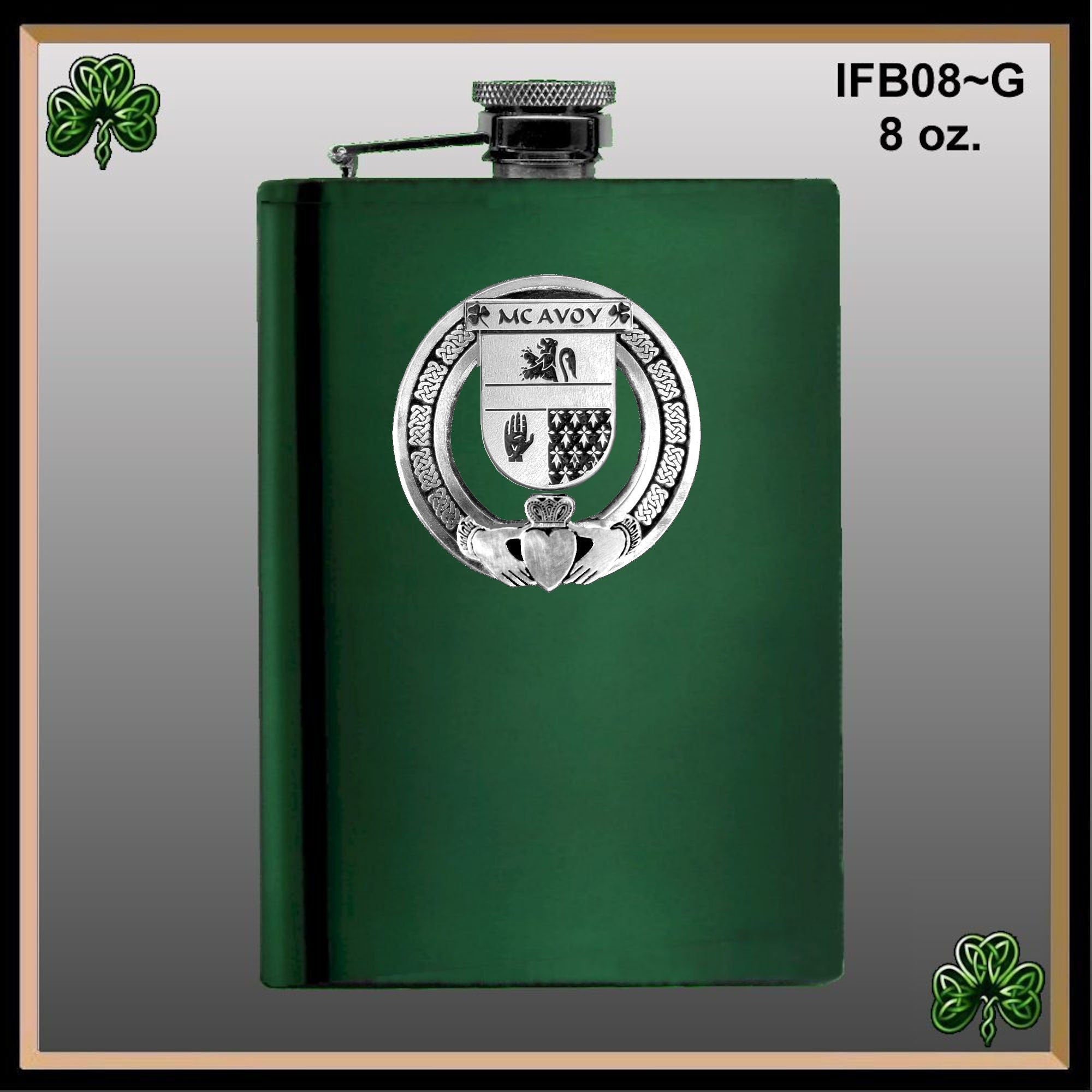 McAvoy Irish Claddagh Badge 8 oz. Flask Emerald, Ebony or Stainless