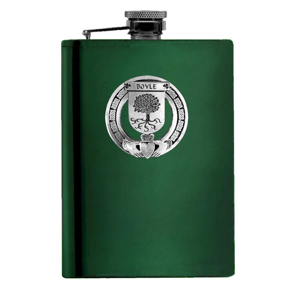 Boyle Irish Claddagh Badge 8 oz. Flask Emerald, Ebony or Stainless