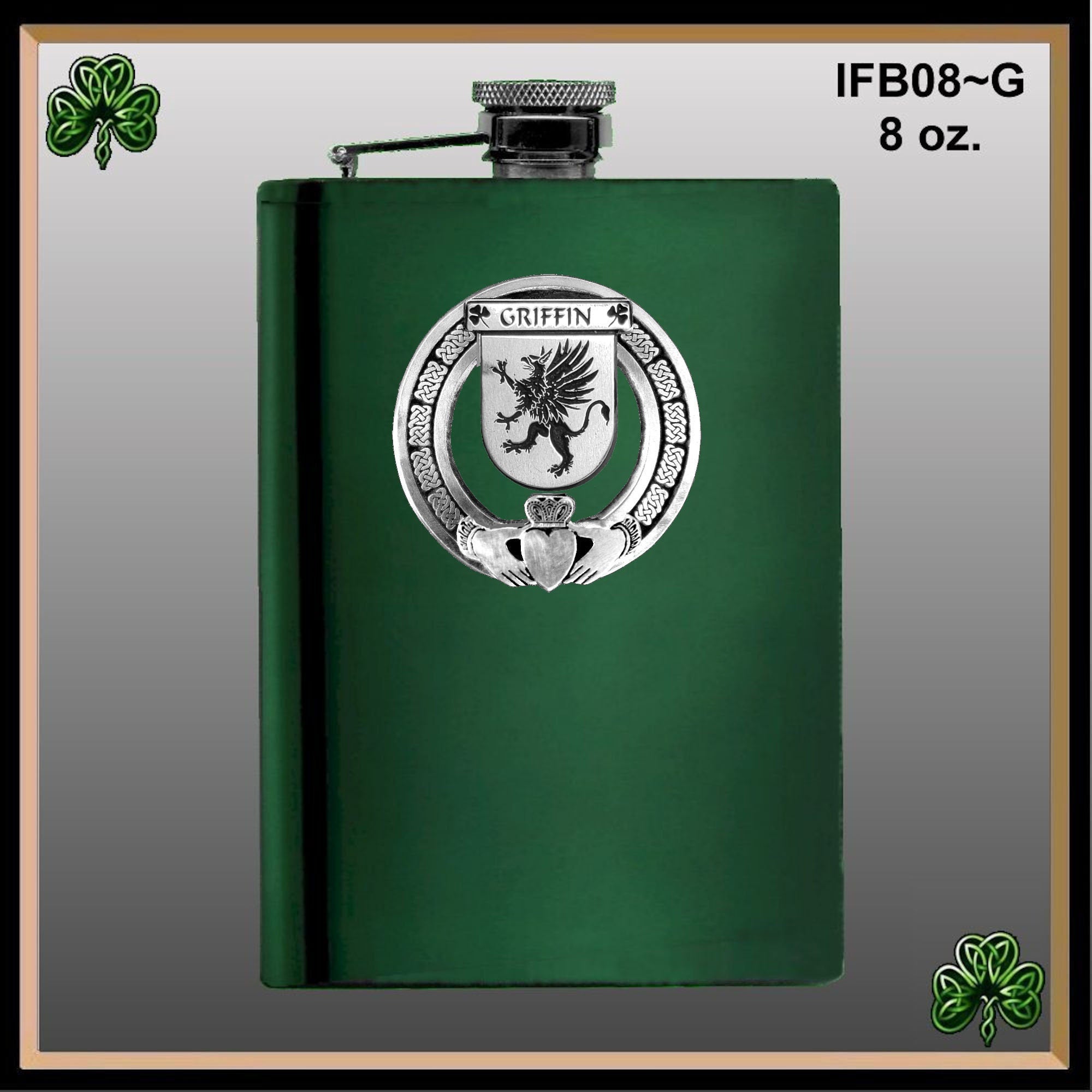 Griffin Irish Claddagh Badge 8 oz. Flask Emerald, Ebony or Stainless