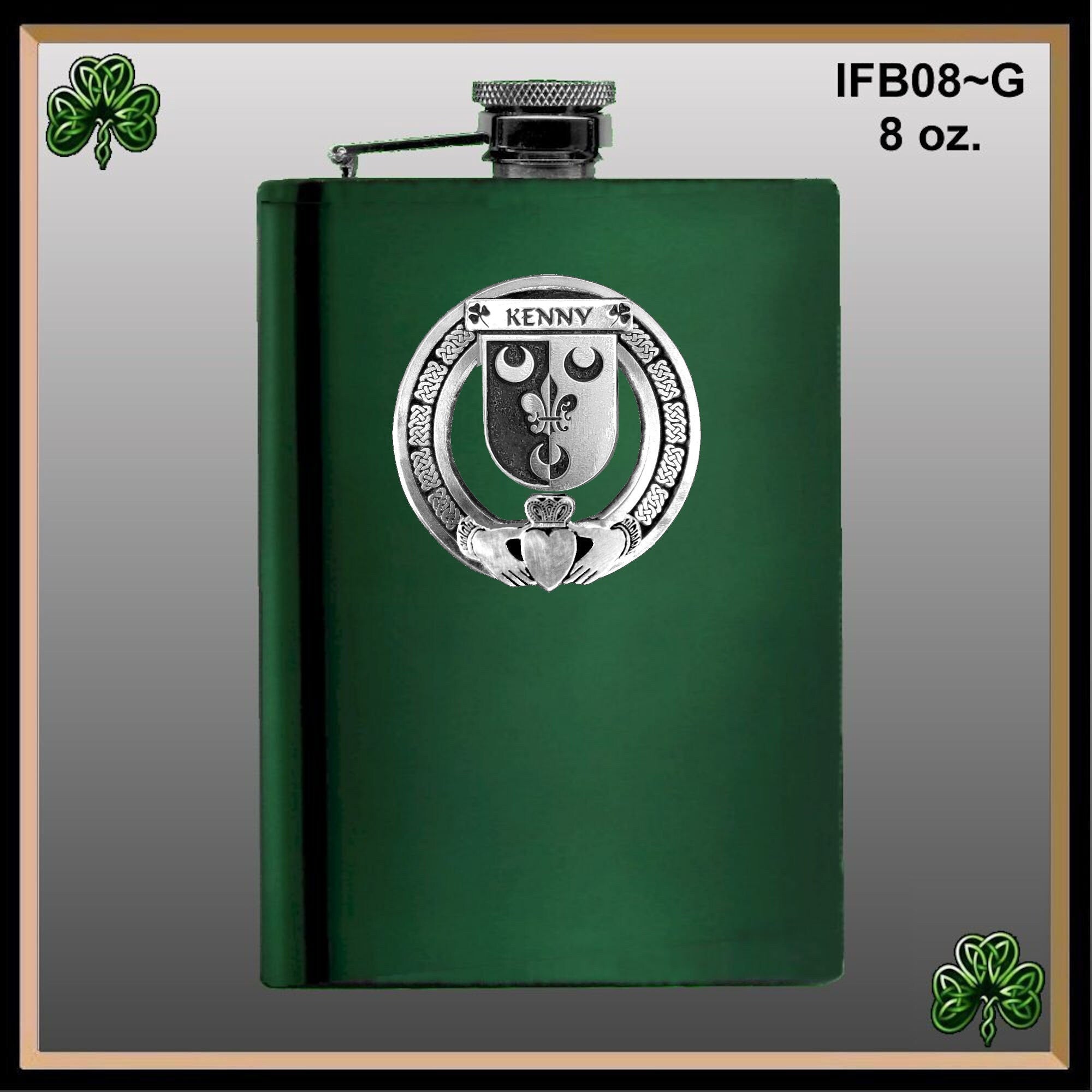 Kenny Irish Claddagh Badge 8 oz. Flask Emerald, Ebony or Stainless