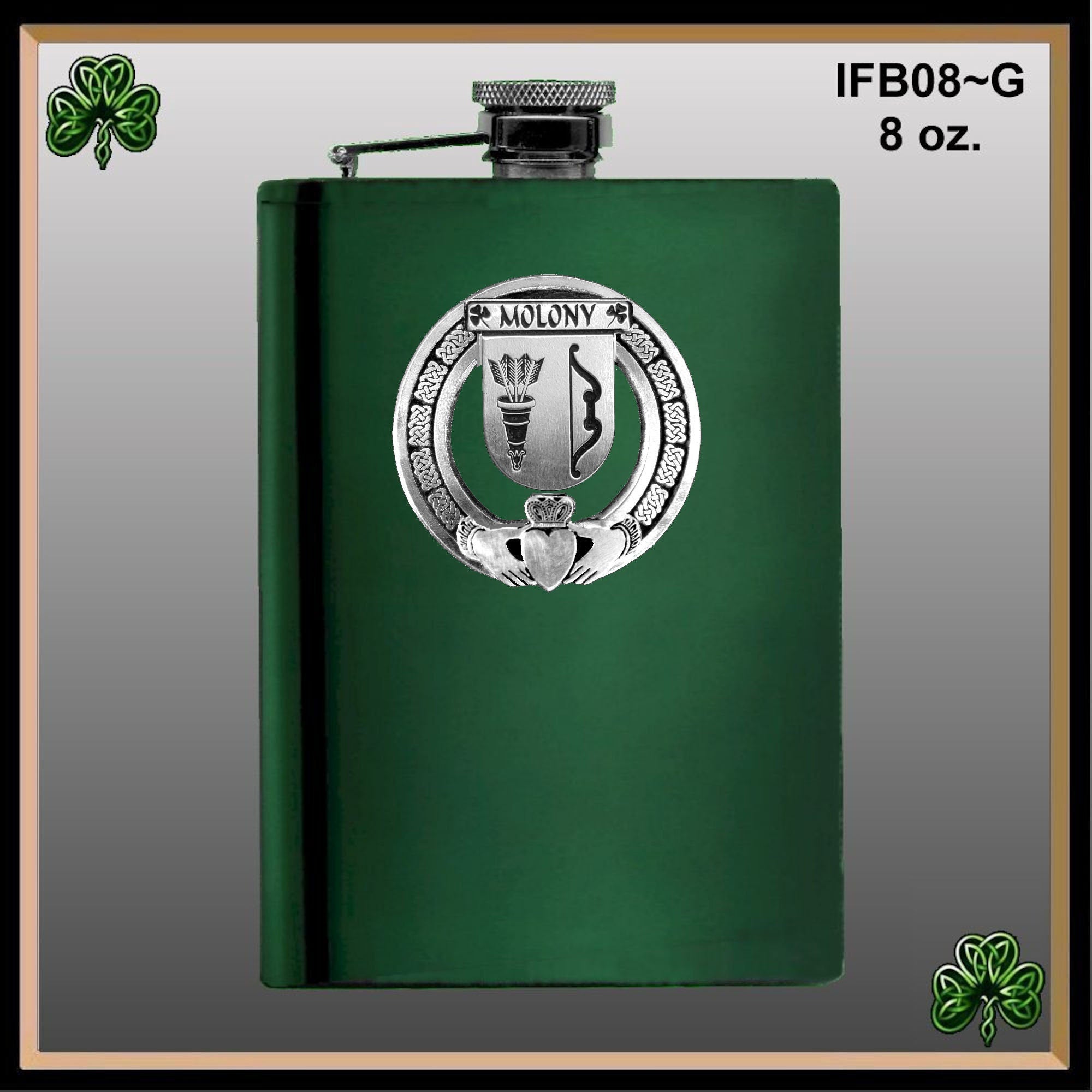 Molony Irish Claddagh Badge 8 oz. Flask Emerald, Ebony or Stainless