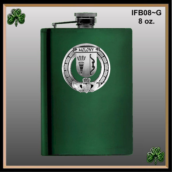 Molony Irish Claddagh Badge 8 oz. Flask Emerald, Ebony or Stainless