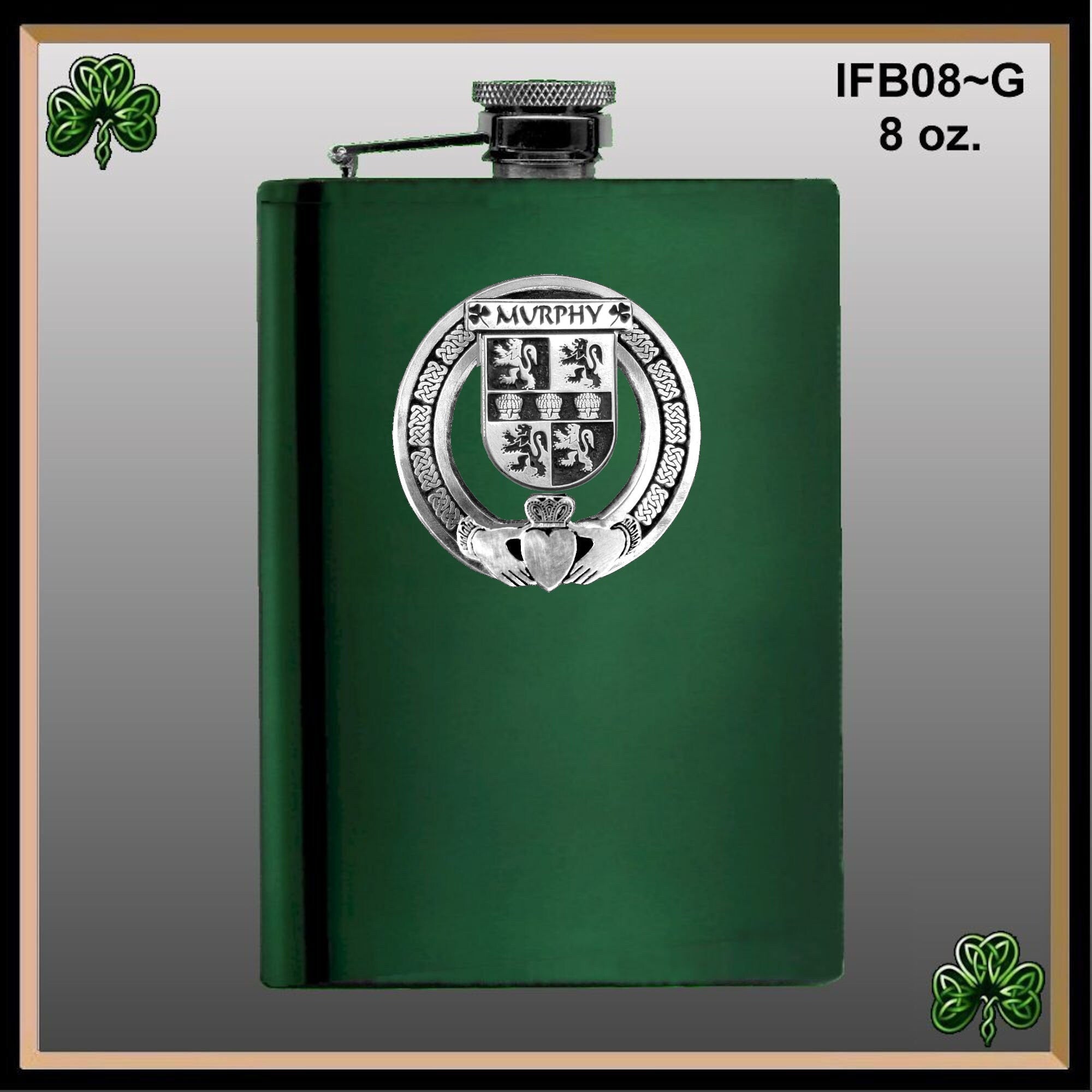 Murphy Irish Claddagh Badge 8 oz. Flask Emerald, Ebony or Stainless