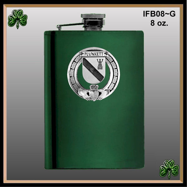 Plunkett Irish Claddagh Badge 8 oz. Flask Emerald, Ebony or Stainless