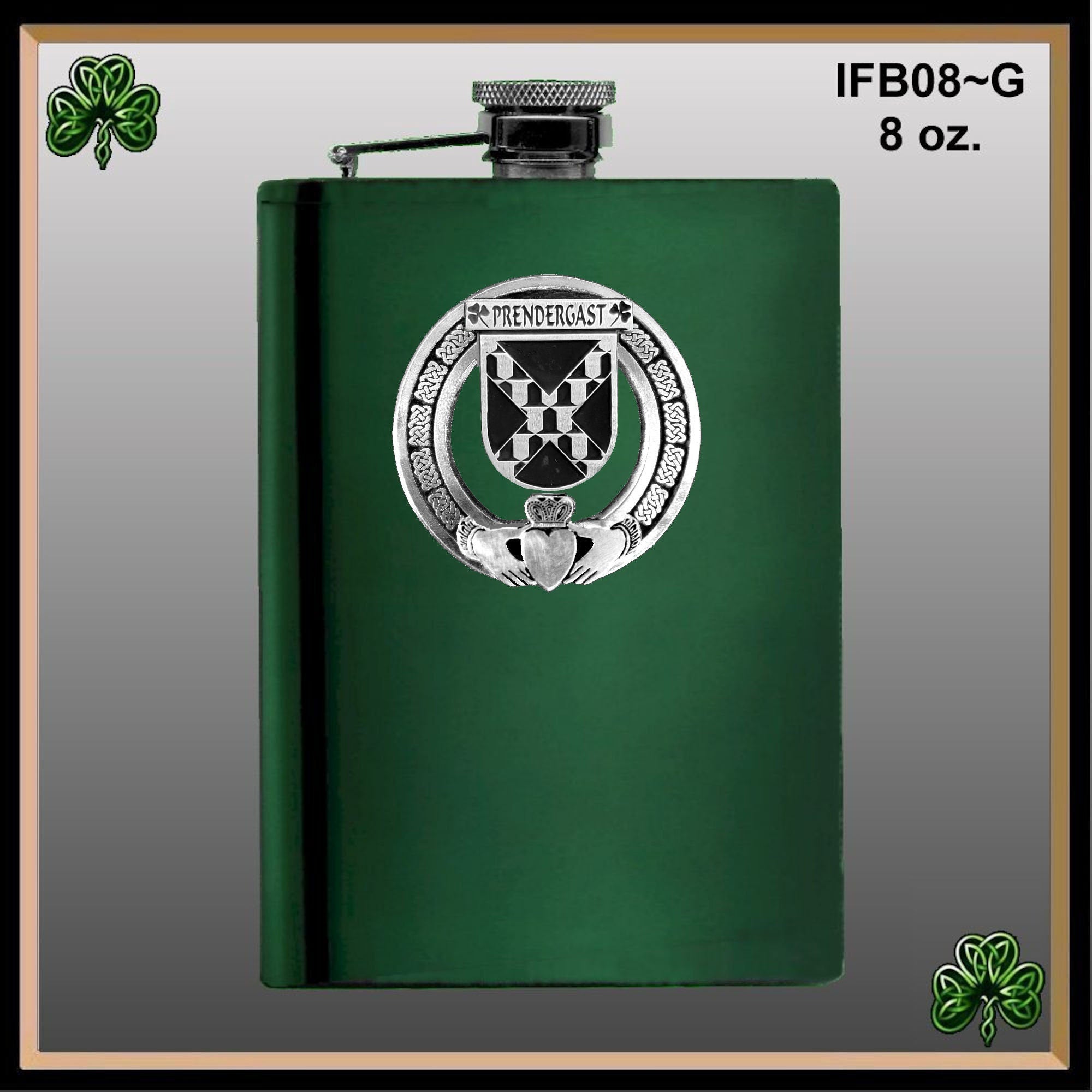 Prendergast Tipperary Irish Claddagh Badge 8 oz. Flask Emerald, Ebony or Stainless