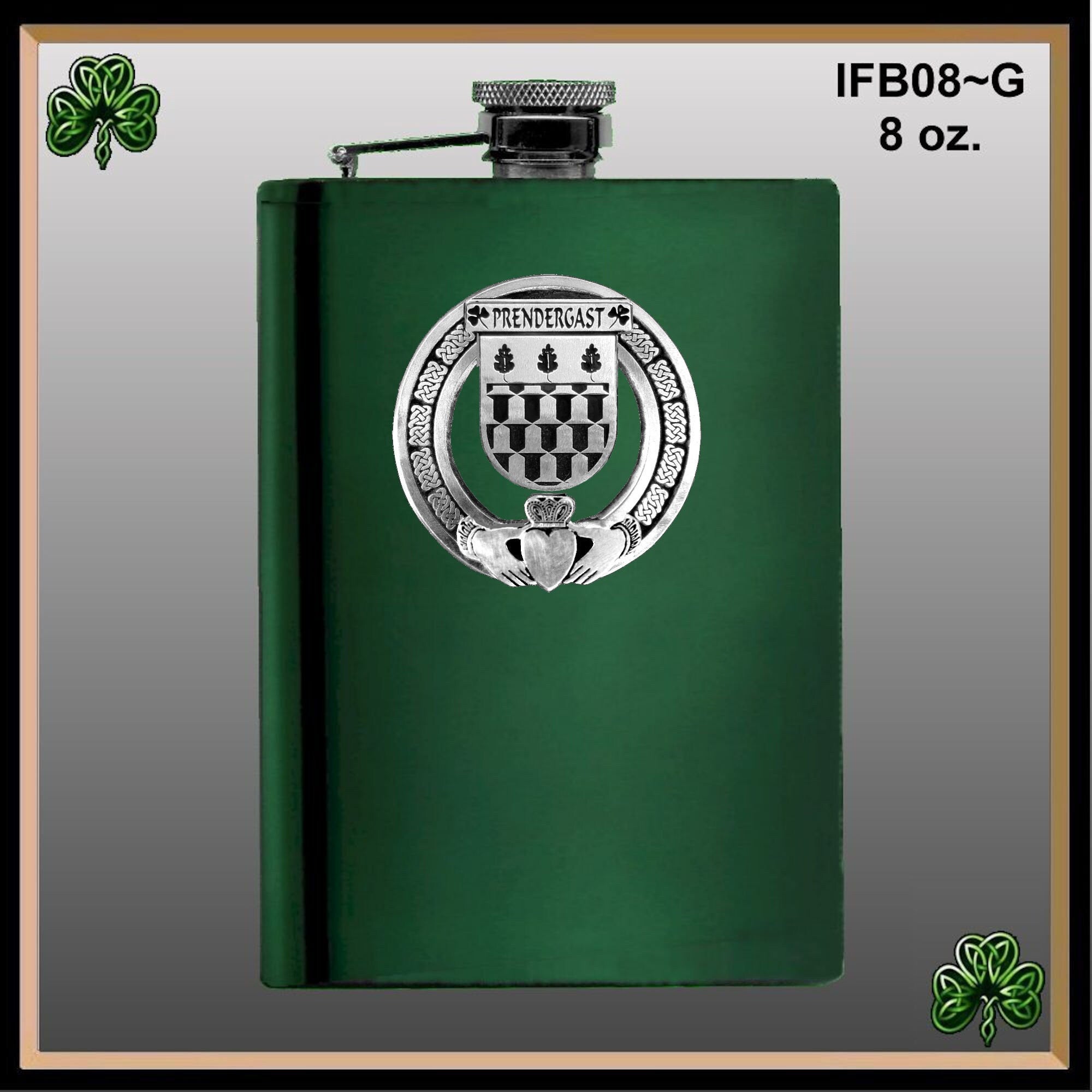 Prendergast Wexford Irish Claddagh Badge 8 oz. Flask Emerald, Ebony or Stainless