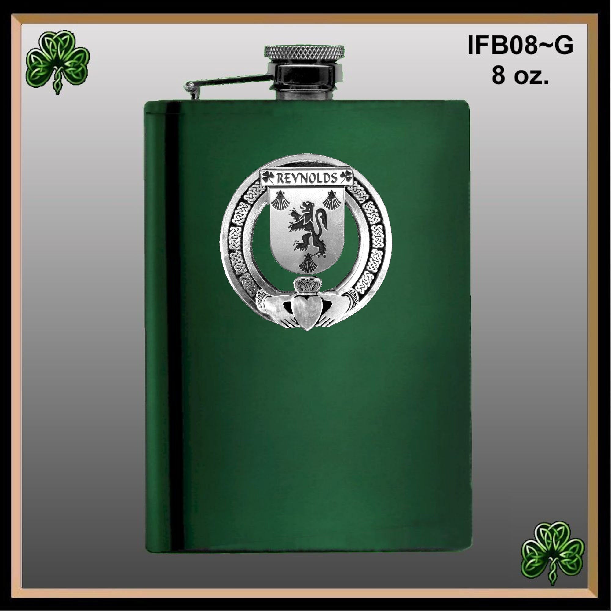 Reynolds Irish Claddagh Badge 8 oz. Flask Emerald, Ebony or Stainless