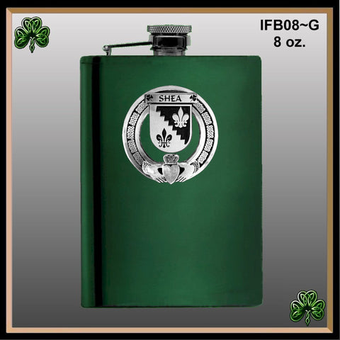 Shea Irish Claddagh Badge 8 oz. Flask Emerald, Ebony or Stainless