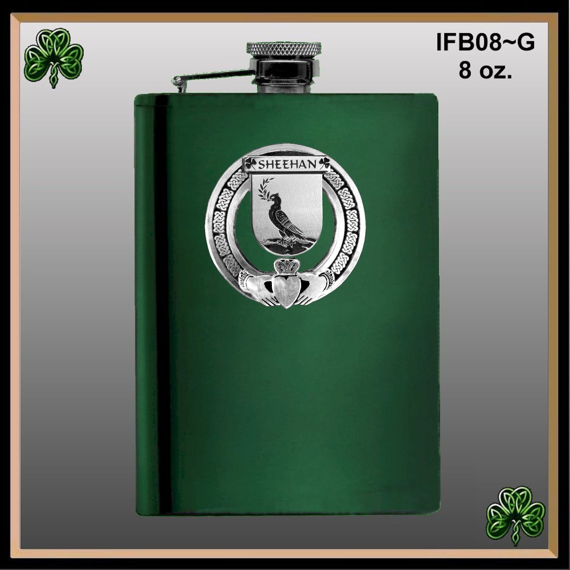 Sheehan Irish Claddagh Badge 8 oz. Flask Emerald, Ebony or Stainless