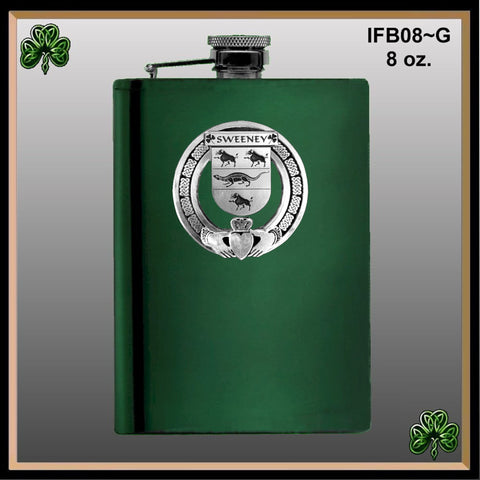 Sweeney Irish Claddagh Badge 8 oz. Flask Emerald, Ebony or Stainless