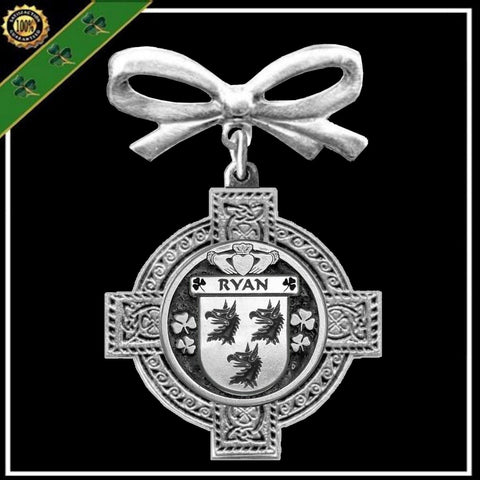 Ryan Irish Coat of Arms Celtic Cross Bow Brooch