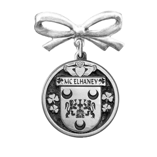 McElhaney Irish Coat of Arms Disk Bow Brooch