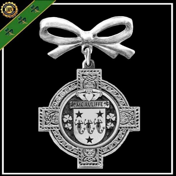 McAuliffe Irish Coat of Arms Celtic Cross Bow Brooch
