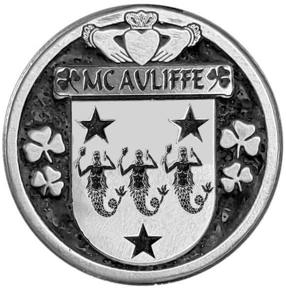 McAuliffe Irish Coat of Arms Celtic Cross Bow Brooch